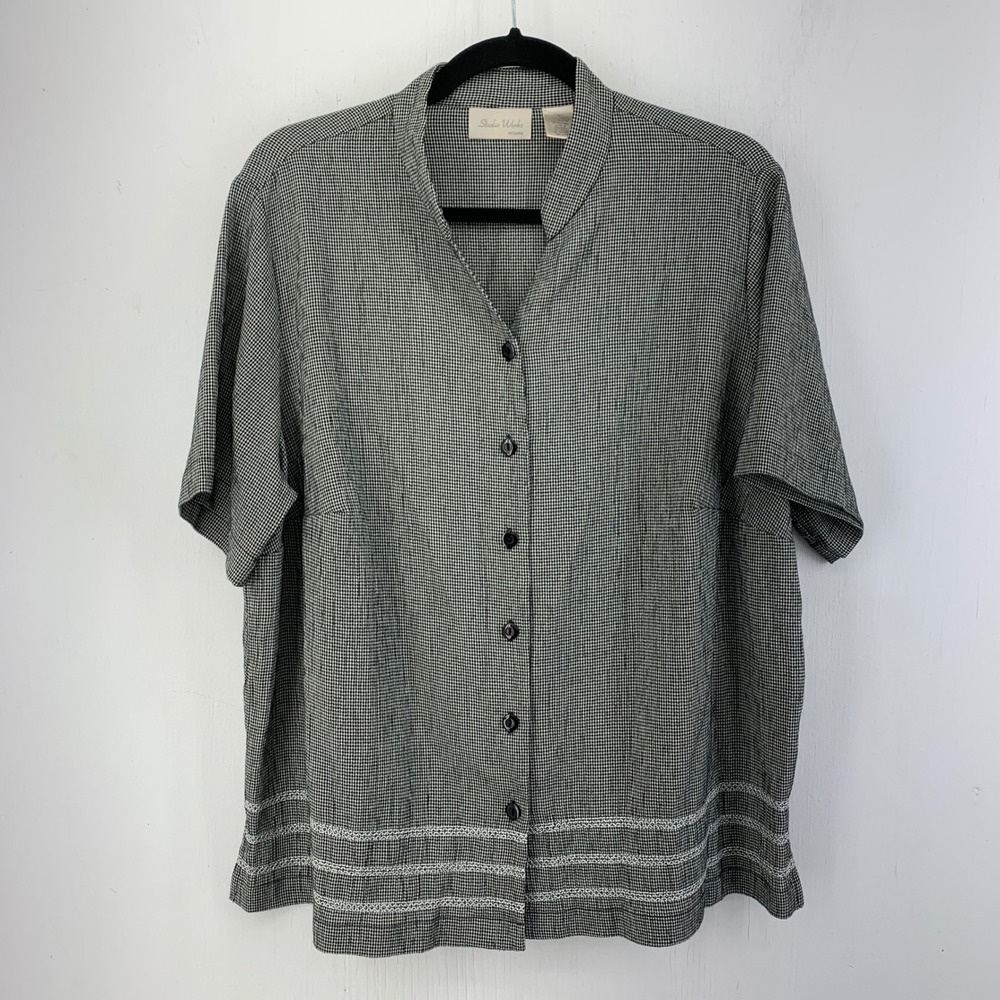 Coastal Grandma Cottage Woman 1X Black White Gingham Button Front Top Modest